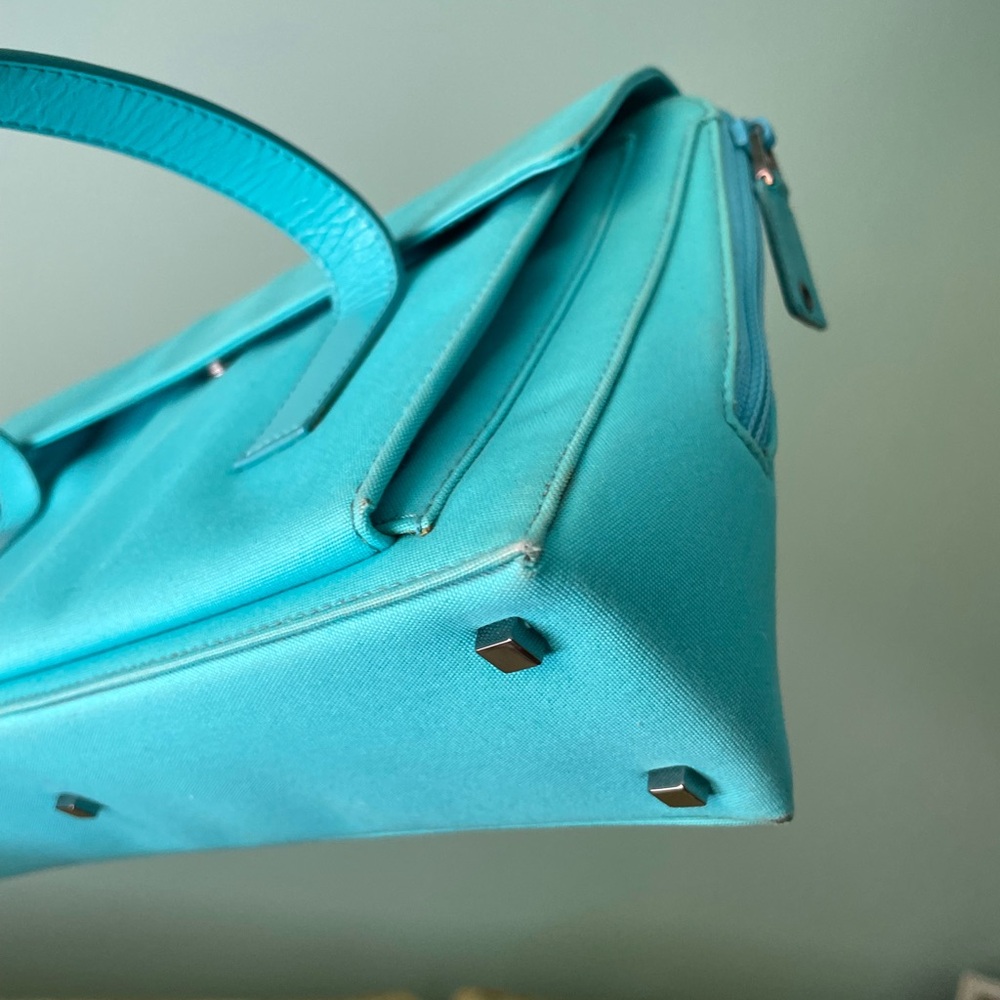 Gucci Turquoise Blue Fabric Handbag with Leather Straps and Gunmetal Hardware - Picture 10 of 16